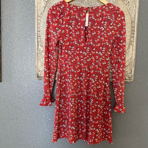 FP  Mini Dress Floral Print Long Ruffle Sleeve Red - Picture 7 of 8